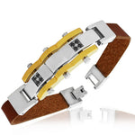 Stainless Steel Brown Leather Two-Tone Black CZ Men's Bracelet