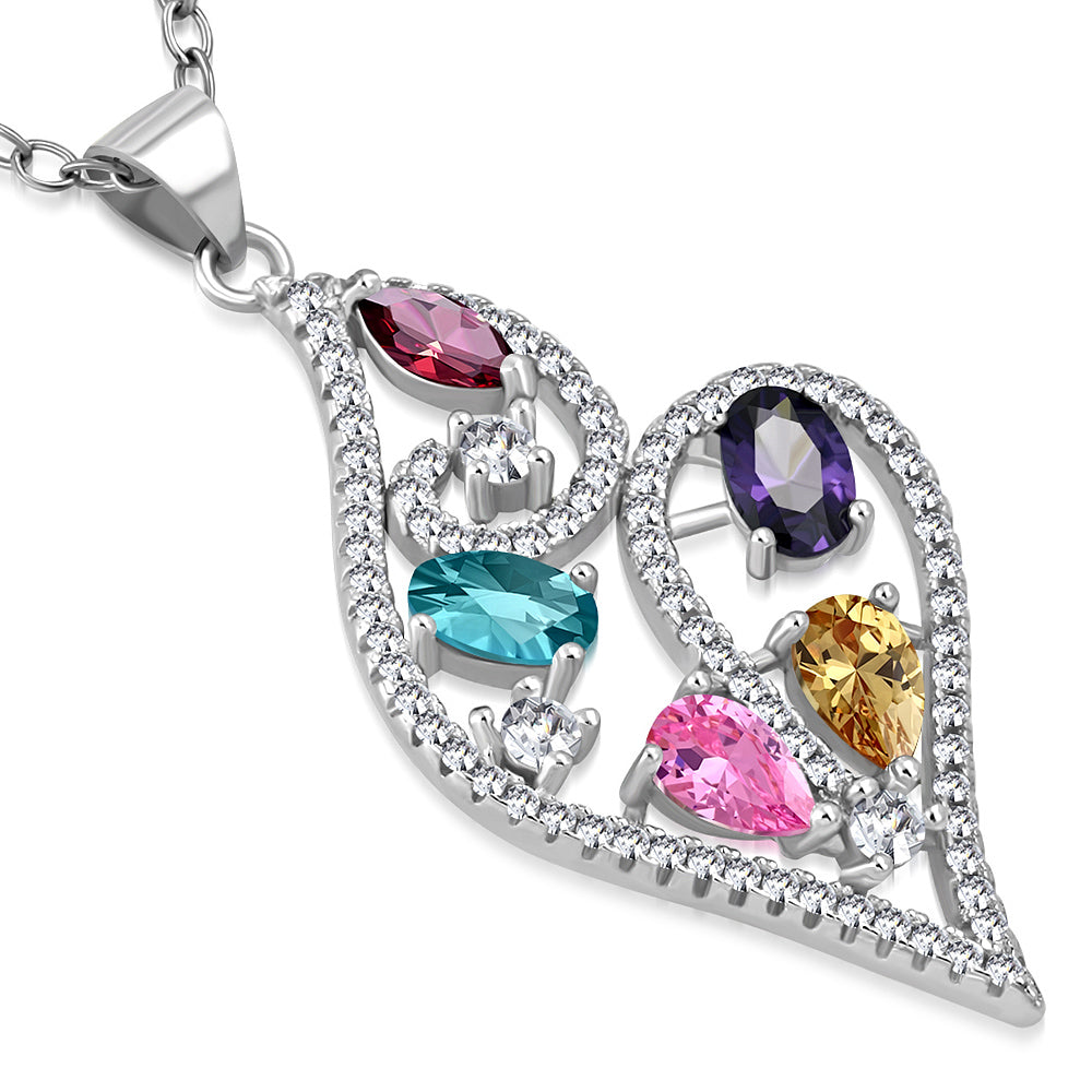 925 Sterling Silver White Clear Multicolor CZ Bright Holiday Pendant Necklace