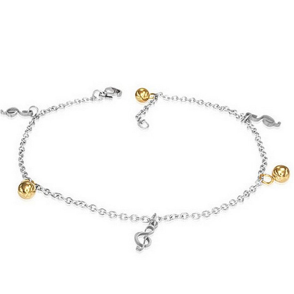 Stainless Steel Two-Tone Musical Clef Music Womens Adjustable Anklet Bracelet