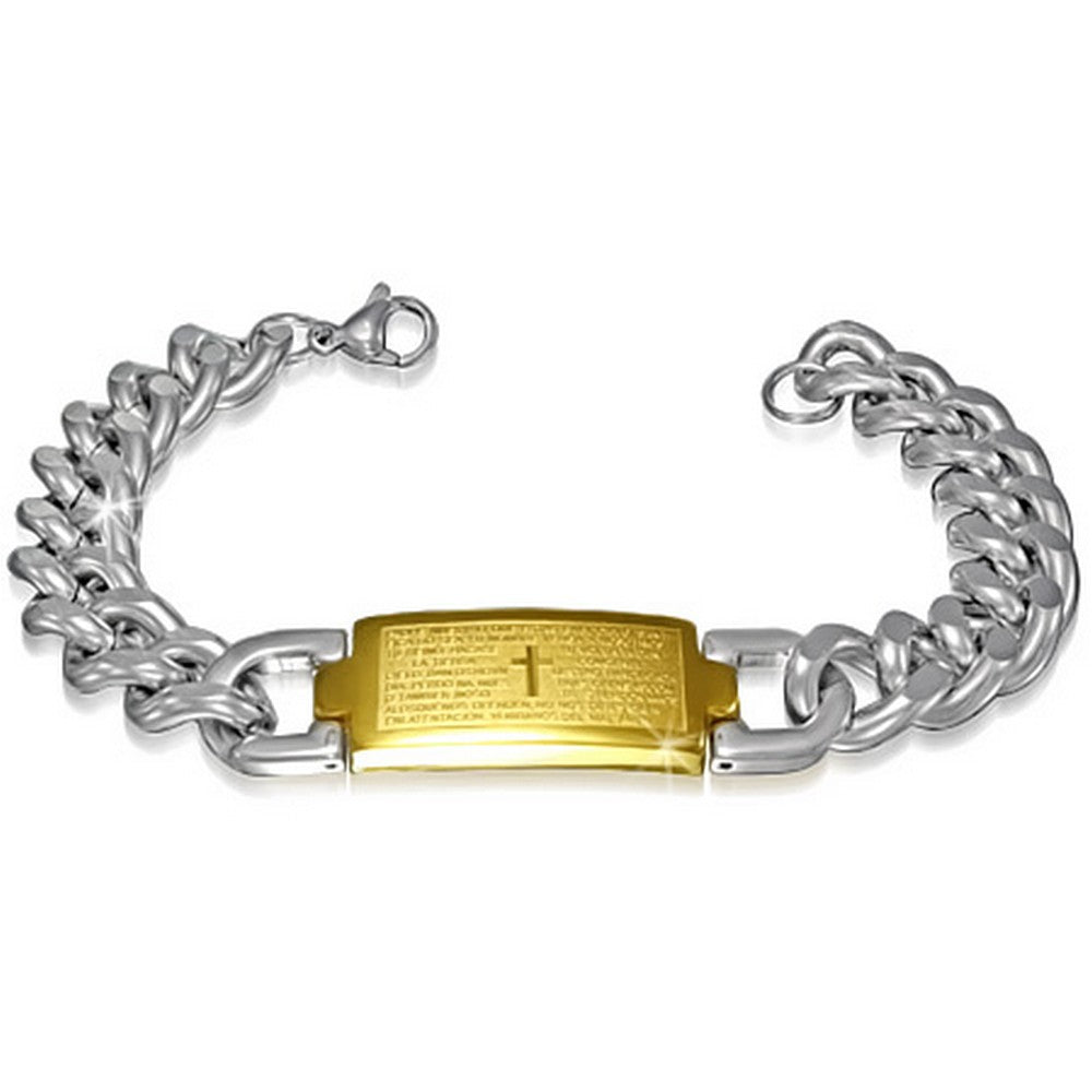 Stainless Steel Two-Tone Mens Religious Lords Prayer Spanish Link Chain Bracelet