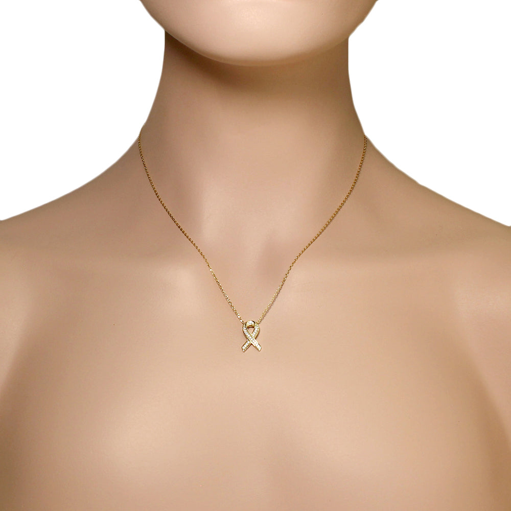 Gold Breast Cancer Awareness Ribbon Necklace Pendant Sterling Silver