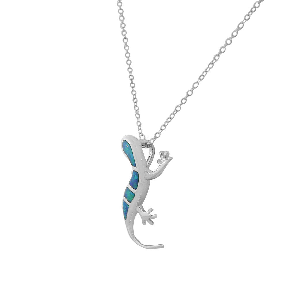 Opal Crawling Iguana Pendant Necklace Sterling Silver