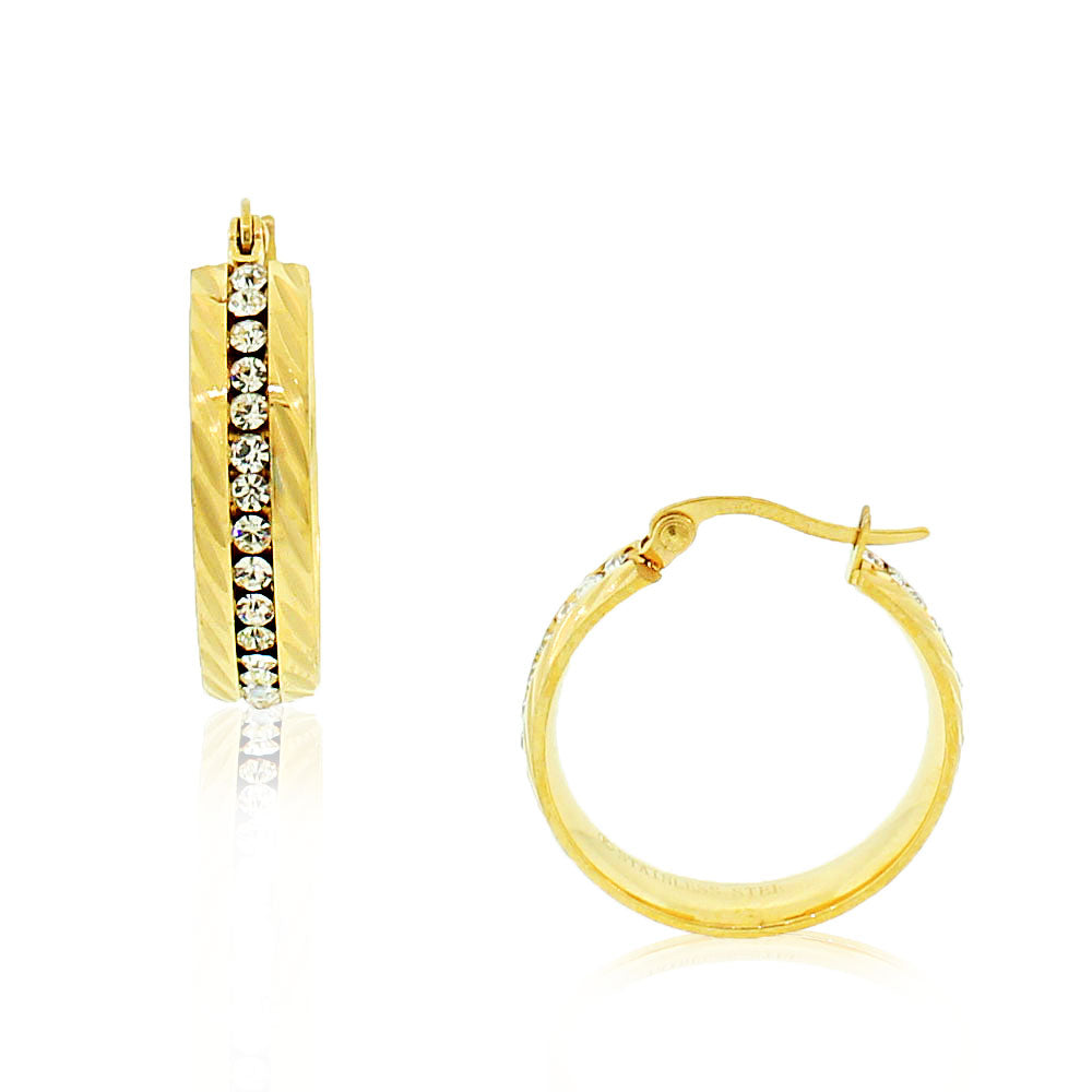 Stainless Steel White Clear CZ Classic Hoop Earrings 1"