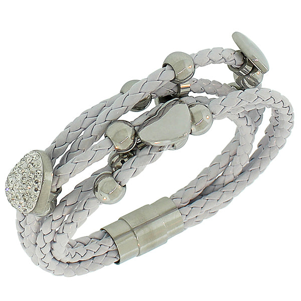 Fashion Alloy White Faux PU Leather Silver-Tone Love Heart Multi-Row Layer Bracelet