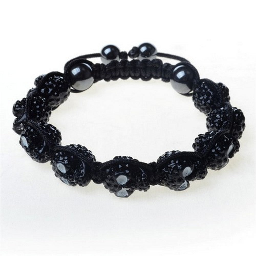 Black CZ Skull Beaded Cord Adjustable Macrame Bracelet