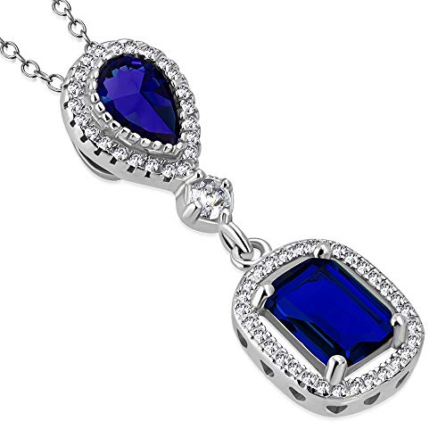 Sterling Silver Rectangular Teardrop Blue Sapphire CZ Elegant Pendant Necklace