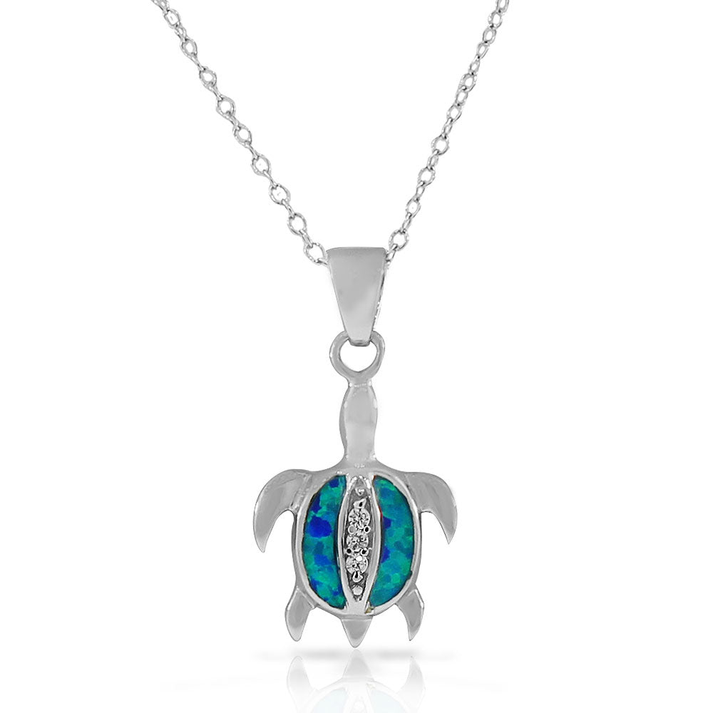 925 Sterling Silver White CZ Blue Turquoise-Tone Simulated Opal Turtle Pendant Necklace