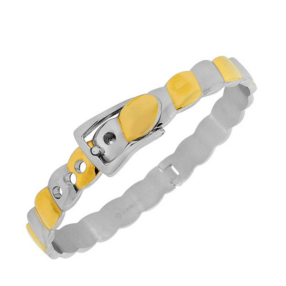 Stainless Steel Two-Tone Belt Buckle Handcuff Adjustable Bangle Bracelet