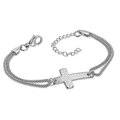 Stainless Steel Yellow Gold-Tone Religious Latin Cross Mesh Adjustable Bracelet