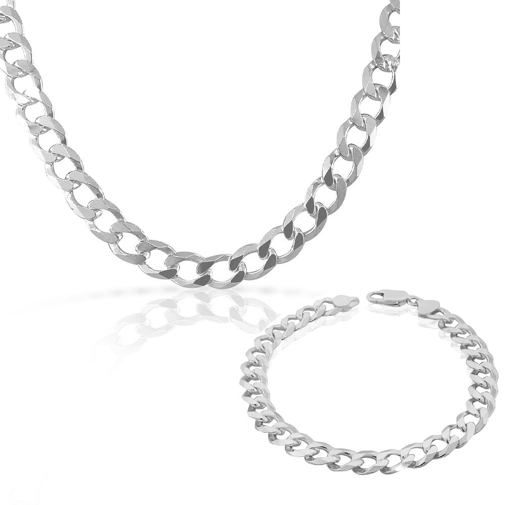 Sterling Silver Classic Cuban Curb Link Chain Necklace Bracelet Set