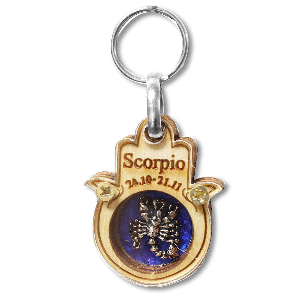 Wooden Good Luck Hamsa Hand Key Chain Keychain Zodiac Sign - Scorpio - Made in Israel
