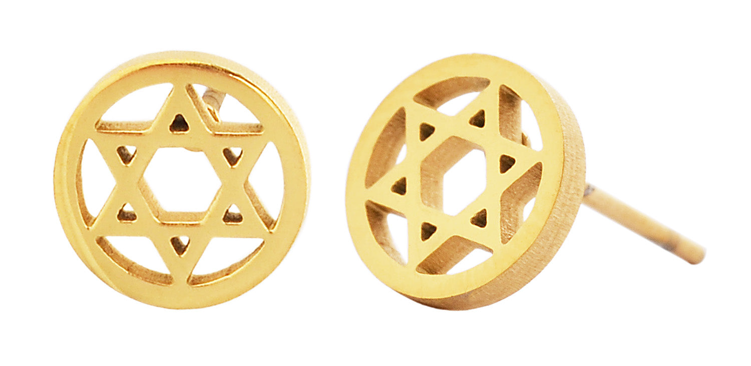Womens Girls Yellow-Tone Stainless Steel Star of David Stud Earrings