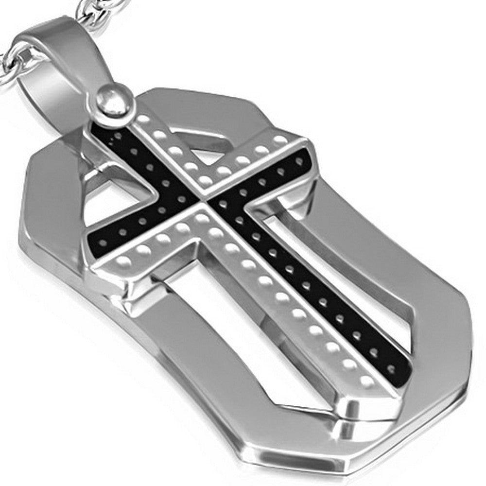 Stainless Steel Black Silver-Tone Religious Cross Pendant Necklace