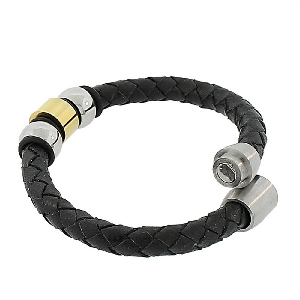 Stainless Steel Black Leather Two-Tone Wristband Men's Bracelet