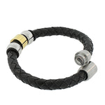 Stainless Steel Black Leather Two-Tone Wristband Men's Bracelet