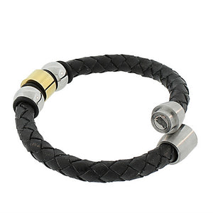 Stainless Steel Black Leather Two-Tone Wristband Men's Bracelet