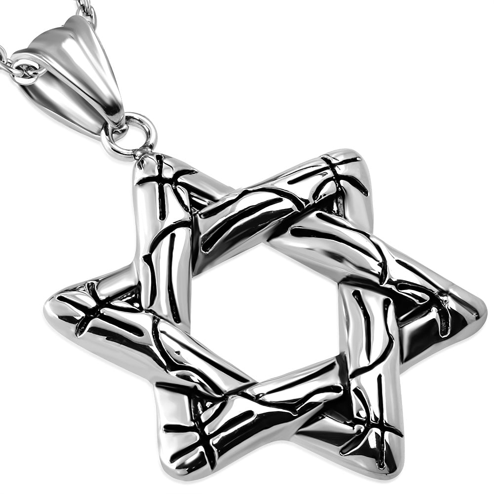 Stainless Steel Black Silver-Tone Classic Star of David Jewish Pendant Necklace