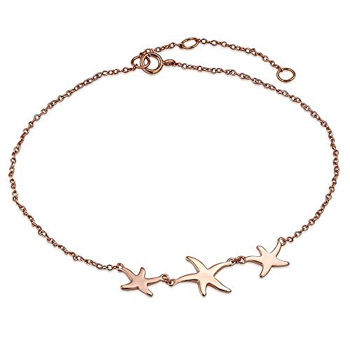 925 Sterling Silver Yellow Gold-Tone Three Triple Starfish Anklet Bracelet