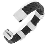 Stainless Steel Black Leather Silver-Tone White CZ Men's Bracelet