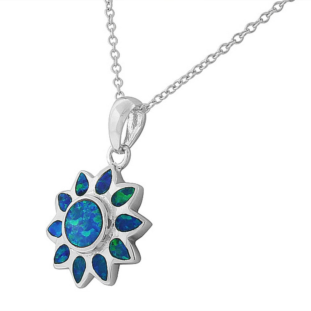 925 Sterling Silver Blue Turquoise-Tone Simulated Opal Flower Floral Womens Pendant Necklace