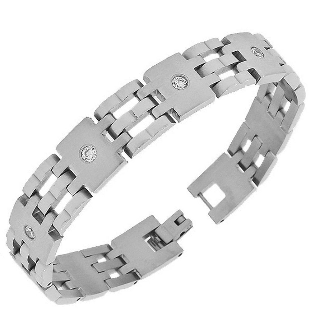 Stainless Steel Silver-Tone Link Chain White Round CZ Mens Bracelet