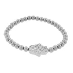 Stainless Steel Silver-Tone Hamsa Evil Eye White CZ Stretch Bracelet
