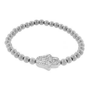 Stainless Steel Silver-Tone Hamsa Evil Eye White CZ Stretch Bracelet