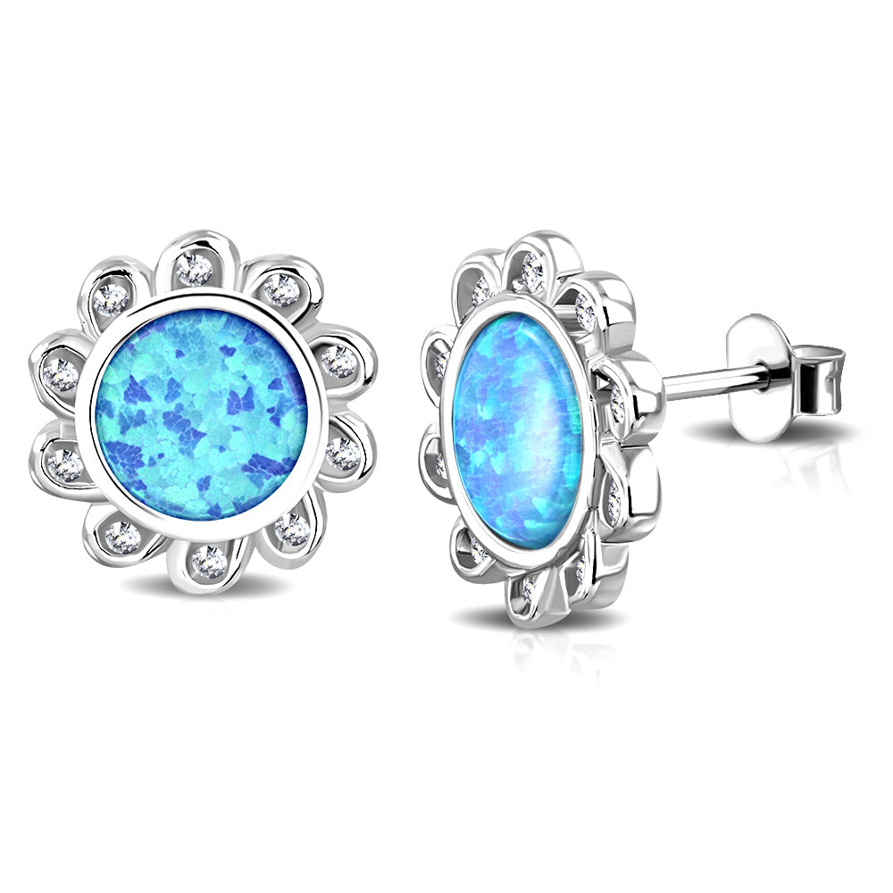 Sterling Silver White Clear CZ Blue Simulated Opal Sun Flower Stud Earrings, 0.45"