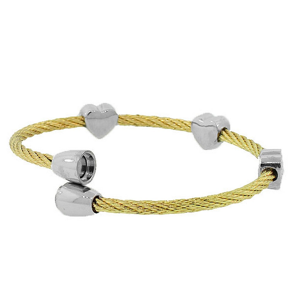 Fashion Alloy Yellow Gold-Tone White Cystals CZ Twisted Cable Love Heart Bangle Bracelet