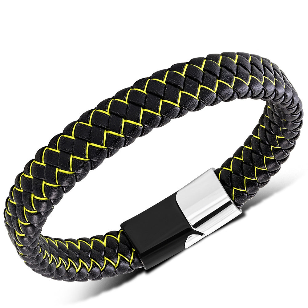 Stainless Steel Yellow Green Black Braided Leather Mens Cuff Bracelet