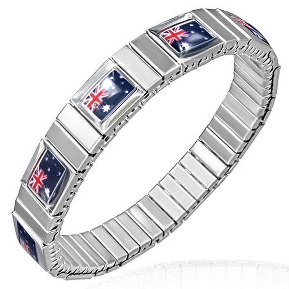Stainless Steel Silver-Tone Australian Stretch Flag of Australia Patriotic Bracelet
