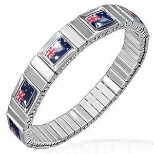 Stainless Steel Silver-Tone Australian Stretch Flag of Australia Patriotic Bracelet