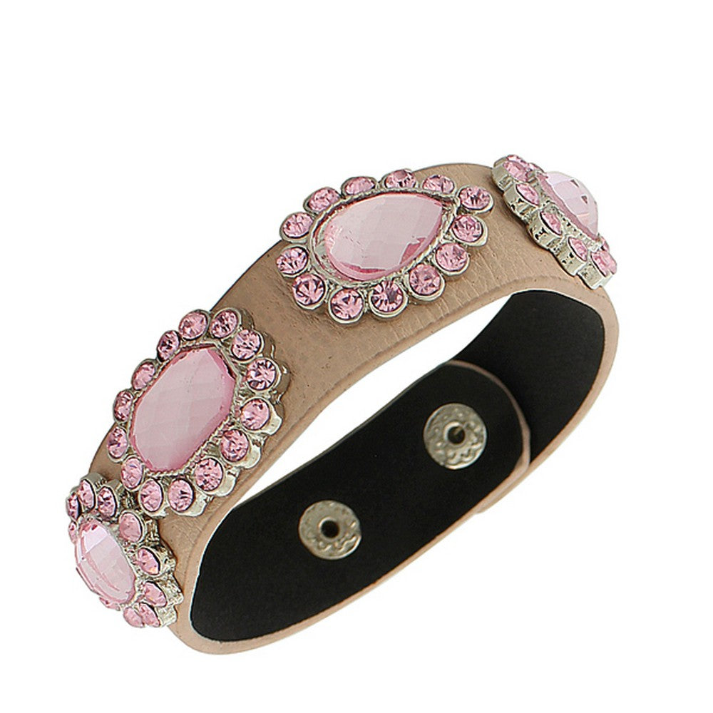 Faux Pink Leather Silver-Tone CZ Snap Wristband Womens Bangle Bracelet