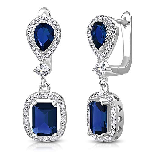 925 Sterling Silver Rectangular Teardrop Blue Sapphire-Tone CZ Drop Dangle Earrings, 1.2"