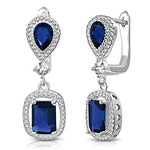 925 Sterling Silver Rectangular Teardrop Blue Sapphire-Tone CZ Drop Dangle Earrings, 1.2"