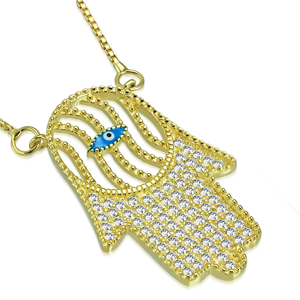 925 Sterling Silver White Clear CZ Evil Eye Protection Hamsa Pendant Necklace, 18"