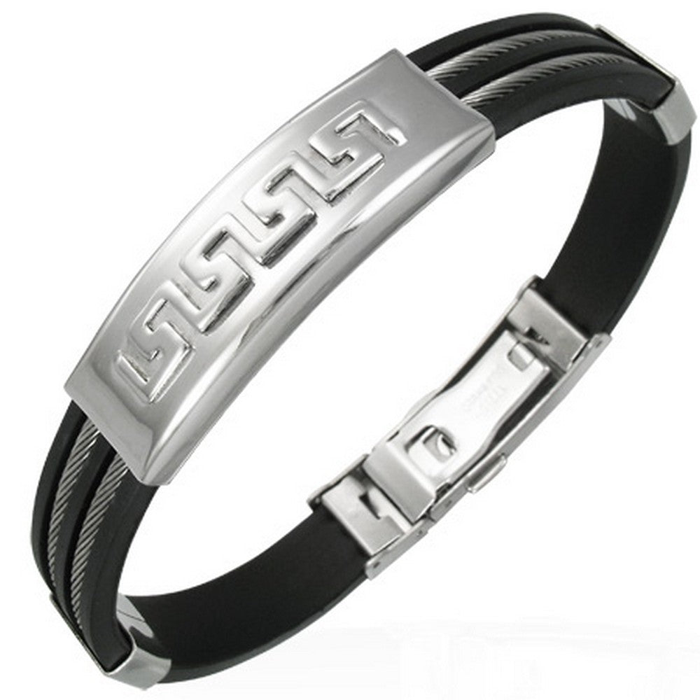Stainless Steel Black Rubber Silicone Greek Key Twisted Cable Mens Bracelet