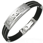 Stainless Steel Black Rubber Silicone Greek Key Twisted Cable Mens Bracelet