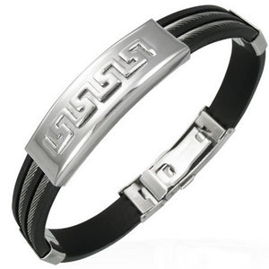 Stainless Steel Black Rubber Silicone Greek Key Twisted Cable Mens Bracelet