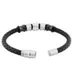 Stainless Steel Black Faux PU Leather Black Silver-Tone Men's Bracelet