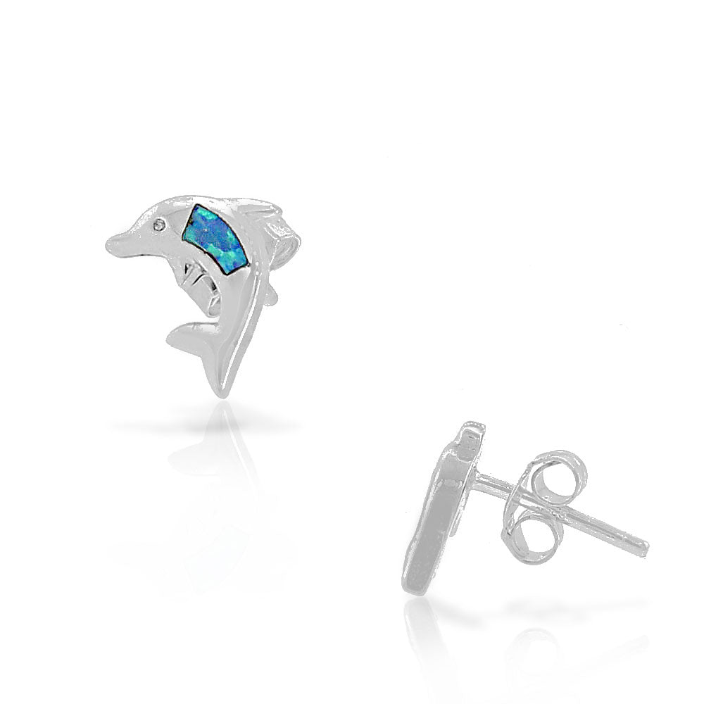 Sterling Silver Blue Turquoise-Tone Simulated Opal Dolphin Small Stud Earrings