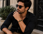 Stainless Steel Black Leather Yellow Gold-Tone Silver-Tone Men's Bracelet