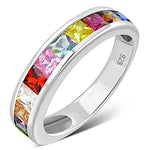 My Daily Styles 925 Sterling Silver Women's Ring Band with Multi-Color Rainbow Princess Cut CZ Stones