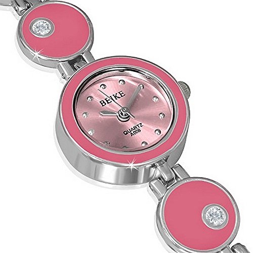 Fashion Alloy Silver-Tone Pink Round Dial White CZ Womens Bracelet Watch