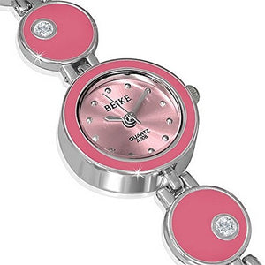 Fashion Alloy Silver-Tone Pink Round Dial White CZ Womens Bracelet Watch