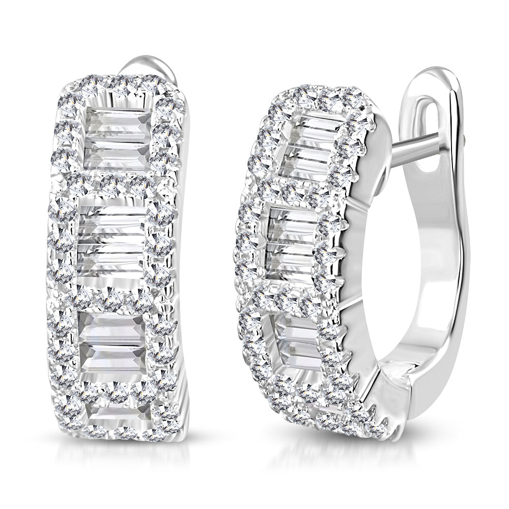 925 Sterling Silver Rose Gold-Tone Baguette Round CZ Hoop Huggie Earrings