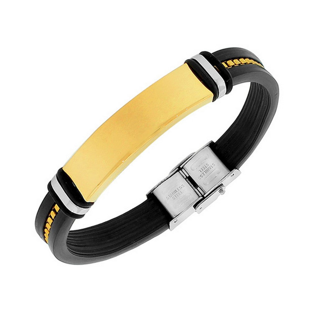 Stainless Steel Black Rubber Silicone Yellow Gold-Tone Chain Men's Bracelet