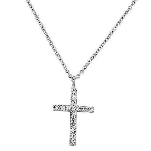 925 Sterling Silver Yellow Gold-Tone Womens Religious Cross White CZ Classic Pendant Necklace