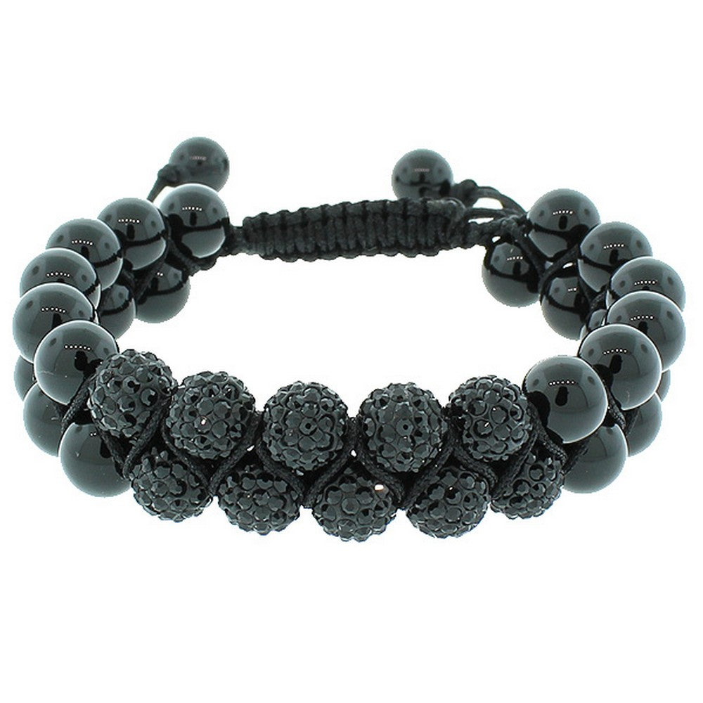 Black CZ Ball Double Row Beaded Adjustable Macrame Bracelet