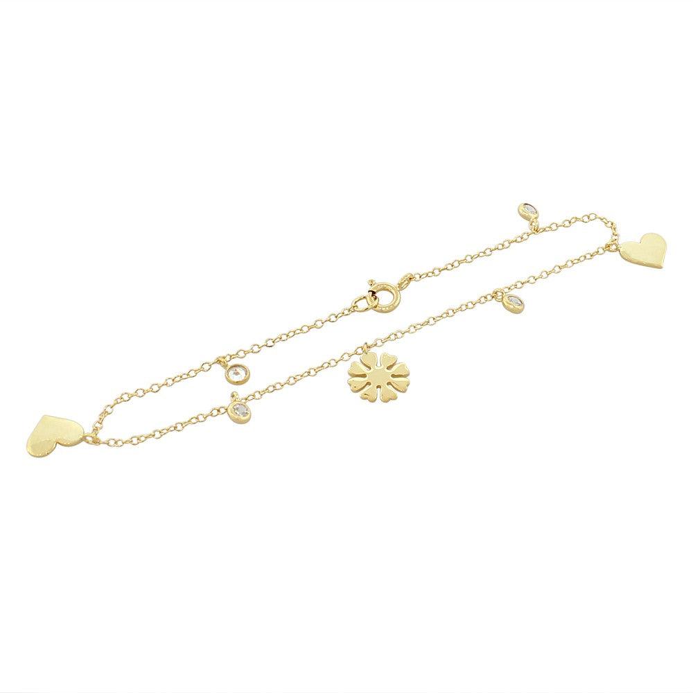 925 Sterling Silver Yellow Gold-Tone White CZ Love Heart Flower Womens Girls Link Chain Bracelet
